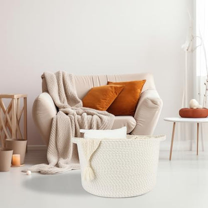XUANGUO Extra Large Cotton Rope Round Storage Basket 22" x 14" White | Woven basket for blankets, toys, towels, laundry, nursery, living room and pet toy storage. - color: white