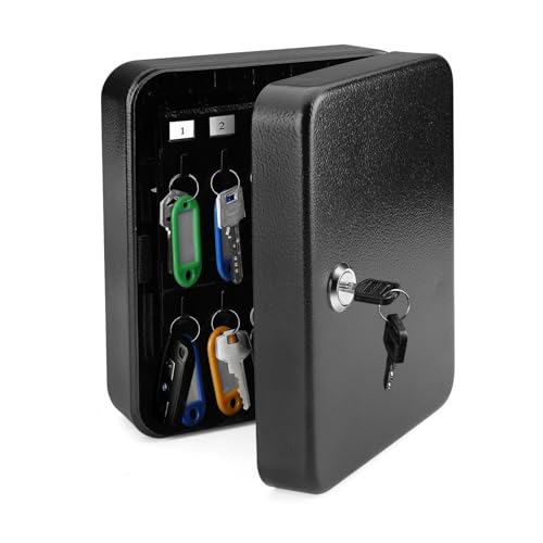 Flexzion Key Cabinet Key Lock Box Wall Mount with 40 Key Holder Organizer Locker Case, Colored Key Tags & Hooks Wall Mounted Lock Box for Keys Storage, Homes, Property, Hotels, Business (Black) | Includes 40 Color-Coded Key Tags with Labels and Rings, Int