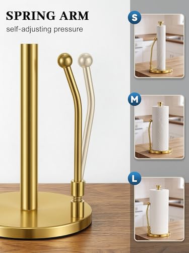 SMARTAKE Paper Towel Holder Countertop, Non-Slip Weighted Base, Gold | Freestanding Kitchen Roll Dispenser, Rustproof Stainless Steel, Spring Arm for Easy Tear, Widden Top, with 4 Suction Cups - color: 03-gold