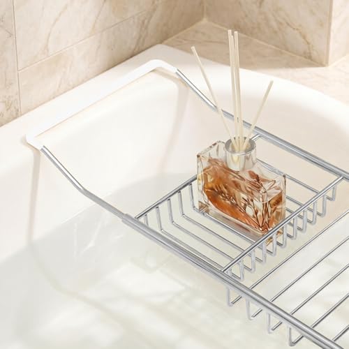 Bathtub Caddy Tray, Expandable Bath Tub Table with Removable Book Holder Red Wine Rack Holder, for Home Kitchen Bathroom, Sliver - color: Sliver