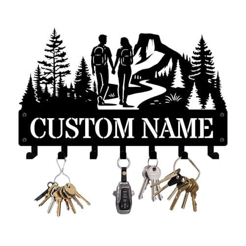 NIWAHO Personalized Key Holder Wall Mount Custom Hiking Couples Silhouette with Name – Metal Key Rack for Entryway, Kitchen – Coat Hooks for Bedroom, Living Room – Wedding Gift for Wife - color: Couple Hiking