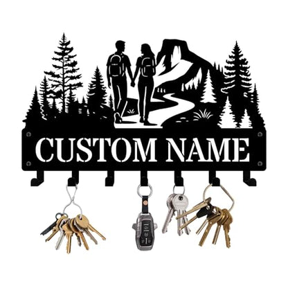 NIWAHO Personalized Key Holder Wall Mount Custom Hiking Couples Silhouette with Name – Metal Key Rack for Entryway, Kitchen – Coat Hooks for Bedroom, Living Room – Wedding Gift for Wife - color: Couple Hiking