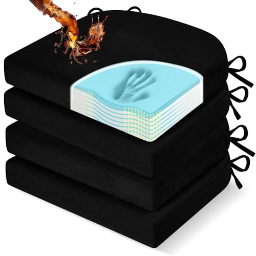 downluxe Chair Cushions for Dining Chairs, Memory Foam Linen Kitchen Chair Pads with Ties, Waterproof, Stain-Resistant and Washable Cover, 17" x 16" x 2.5", Black, 4 Pack - color: Black, size: Pack of 4