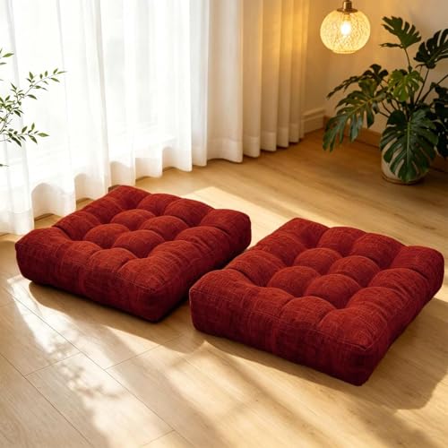 Set of 2 Floor Cushion for Adult Tufted Square Seat Cushions for Tatami Living Room Dorm 18.8 x 18.8 Inch Burgundy Meditation Floor Pillows