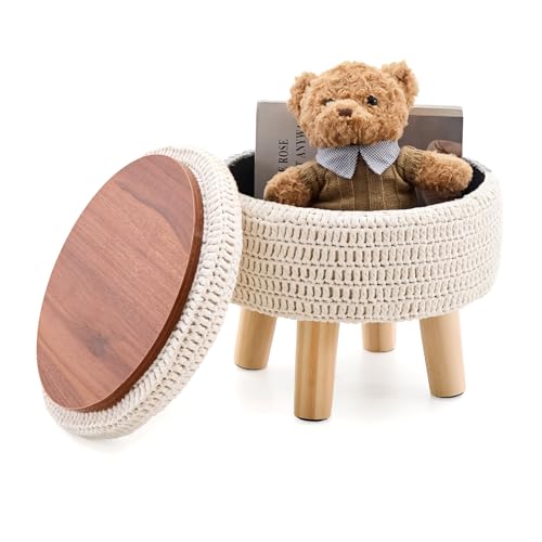 Wimarsbon Pouf Ottoman, 100% Cotton Knitted Boho Footstool, Round Footrest with Non-Skid Wood Legs, Home Décor Handmade Pouffe, Leisure Floor Step Stool for Living Room (Storage Beige) - color: Storage Beige