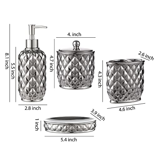 Bathroom Accessories Set, 4-Piece Ceramic Bath Accessory Complete Set with Lotion Dispenser/Soap Pump, Cotton Jar, Soap Dish and Toothbrush Holder (Pineapple Pattern, Silver Grey)