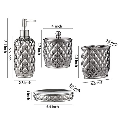 Bathroom Accessories Set, 4-Piece Ceramic Bath Accessory Complete Set with Lotion Dispenser/Soap Pump, Cotton Jar, Soap Dish and Toothbrush Holder (Pineapple Pattern, Silver Grey)