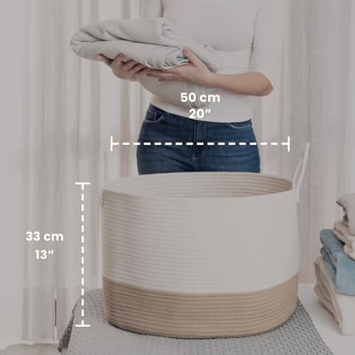 OrganiHaus Round Toy Basket & Blanket Basket, Cotton Rope 20x13" | Honey / Off-White - Round Cotton Rope Basket, 20x13" - color: Honey / Off-White, size: Wide
