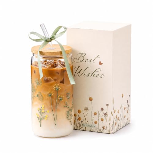 Floral Gifts for Women, Flower Glass Cup with Lid and Straw | Aesthetic Wildflower Iced Coffee Drinking Cup Tumbler stuff for Women Mom Anniversary Birthday Thanksgiving Christmas 16oz - style: Flowers