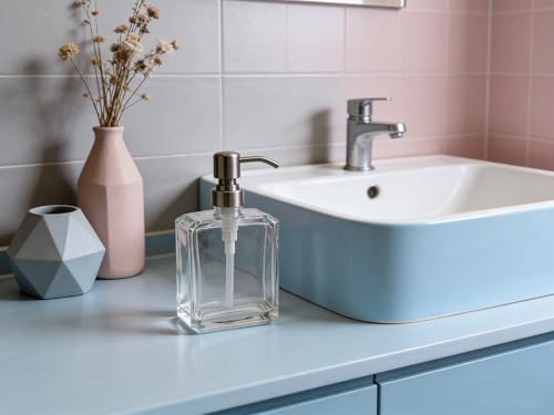 Clear Glass Soap Dispenser with Brushed Nickel Pump, 13.5 OZ Liquid Soap Dispenser Square with Stainless Steel Pump for Dish Hand Soap Bathroom Kitchen Vanity Countertop - color: Brushed Nickel, size: 13.5 oz