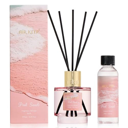 Reed Diffuser Set with Refill & 8 Reed Sticks, 6.96 fl oz Pink Sands Home Fragrance, Long Lasting Aromatherapy Diffuser for Bedroom, Bathroom & Living Room