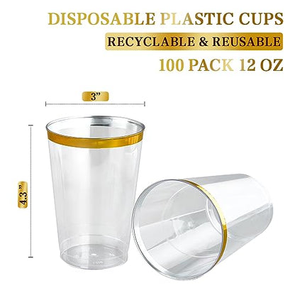 FOCUSLINE 100 Pack 12 oz Gold Rimmed Plastic Cups, 12 Ounce Clear Plastic Tumblers, Heavy-duty & Fancy Disposable Hard Cups with Gold Rim for Wedding - color: 12 oz Gold Rimmed