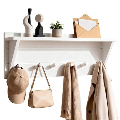 WEBI Coat Rack Wall Mount with Shelf,24" Long Entryway Wall Shelf with Hooks Underneath,6 Peg Hooks for Hanging Coats,Caps,Jacket,Clothes,White - color: White, size: 24 Inch