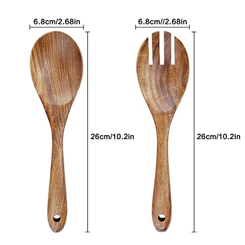 Wooden Salad Servers, 10.2" Acacia Wood Salad Fork & Spoon for Serving, Olive Wood Salad Serving Utensils Set of 2, Teak Salad Tongs for Kitchen