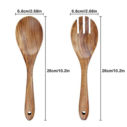 Wooden Salad Servers, 10.2" Acacia Wood Salad Fork & Spoon for Serving, Olive Wood Salad Serving Utensils Set of 2, Teak Salad Tongs for Kitchen