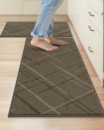 COSY HOMEER Kitchen Rugs,3 PCS Kitchen Mats Non Slip Washable,Brown | Absorbent Kitchen Runner Rugs for Floor, Polyester Kitchen Sink Rug 20"x32" + 20"x48" - color: Brown, size: 20"x32" + 20"x48"