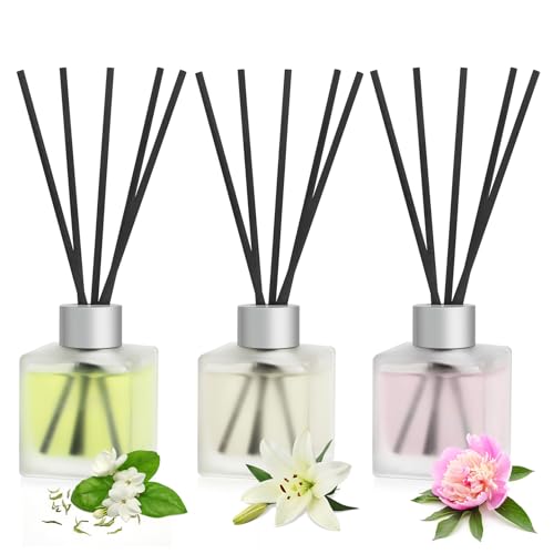 3-Pack Reed Diffuser, Jasmine White Tea/Lily/Peony Scented Oil | Flower Aroma Essential Oil with Diffuser Sticks, Long Lasting Bathroom Air Freshener, Home Fragrance for Room Decor - size: 3 Packs/10 fl oz