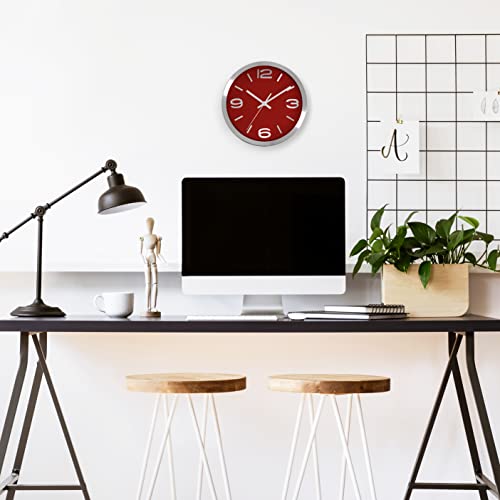 Bernhard Products Metal Wall Clock Modern Silver & Wine 10 Inch Silent Non Ticking, Red Round Elegant Quality Quartz Battery Operated for Home Kitchen Living Room Office, 3D Numbers - color: Silver & Wine