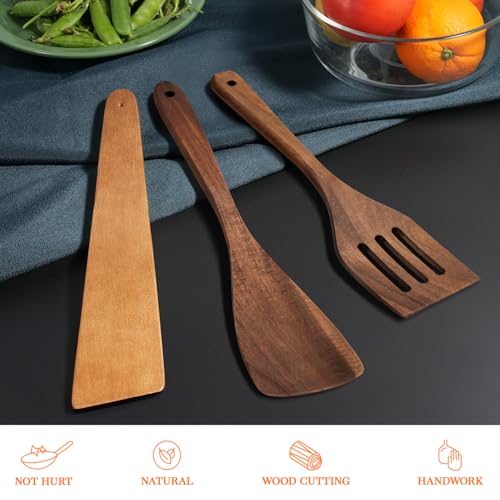 MORGLES 3Pcs Acacia Wood Spatula Set, Non-Scratch 12" Cooking Turner | Acacia wood, non-scratch for nonstick/cast iron, 3-pc w/ scraper, 12" ergo handle, flips/stirs/scrapes, gift - color: Acacia Dark Brown