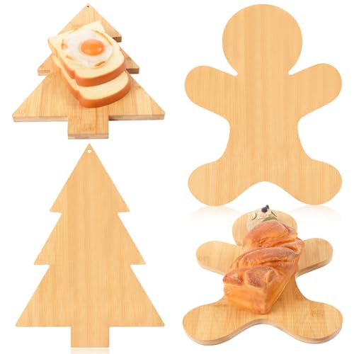 AWIZOM 2 Pcs Christmas Cutting Boards Christmas Tree and Gingerbread Man Shape Charcuterie Boards Bamboo Wood Kitchen Chopping Board Larser Engraved Serving Boards for DIY Housewarming Xmas Presents