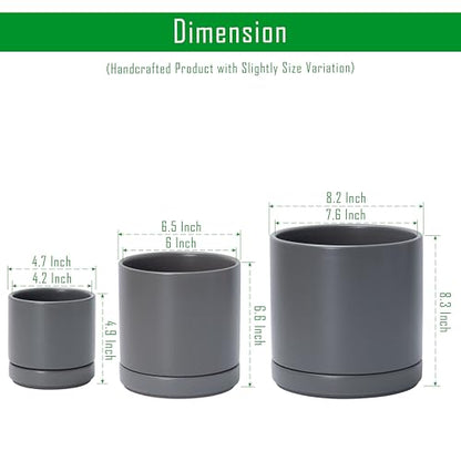 D'vine Dev 3-Pack Ceramic Pots with Saucers, 4/6/8 in, Grey, 94-T-M-3 | Glazed Ceramic, Drainage Hole, Perfect-Fit Saucer, Sleek Cylinder Shape, High Temperature Fired, Elegant Home Accent - color: Gray, size: 4"+6"+8"