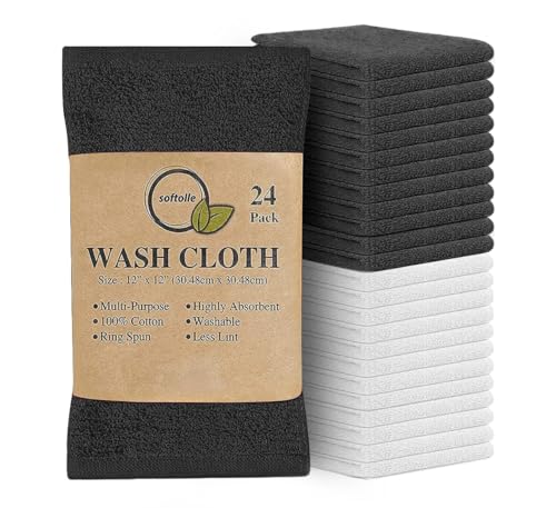 100% Cotton Washcloths 24 Pack (12x12 Inches) Soft, Highly Absorbent Washcloth, Face Towels, Wash Cloths for Face, Ring Spun, Bulk Pack (Grey/White) - color: Grey/White, size: 24 Pack