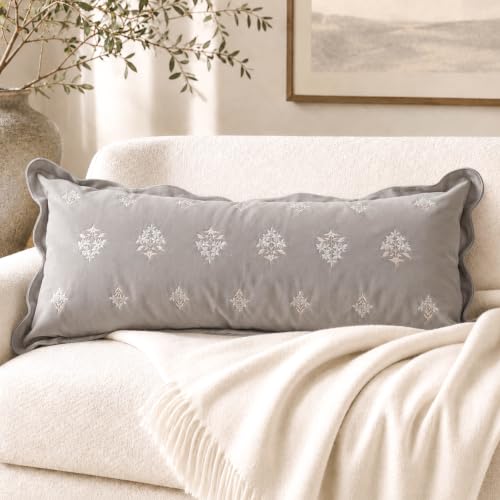 BlissBlush Long Lumbar Pillow Cover 14x36 for Bed, Light Gray Velvet Decorative Lumbar Pillow Cover, Floral Accent Cushion Cover with Embroidery and Scalloped Edge for Couch Sofa Bed, Cover ONLY - color: Cool Light Gray, size: 36" x 14" (Pack of 1)