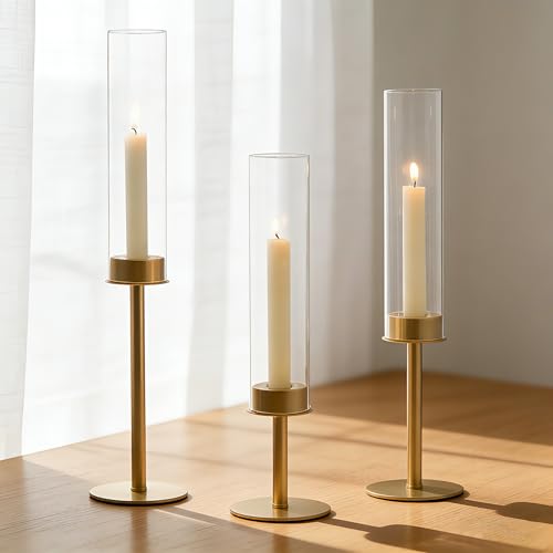 Hewory Gold Candlestick Holders: 3PCS Glass Hurricane with Brass Base | Elegant Tall Taper Candle Holders at 3 different heights, Table Centerpiece for Wedding, Party, Ralph Lauren Christmas Decor - color: Matte Gold, size: 3pcs