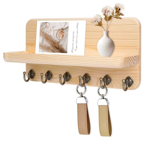 Key Holder for Wall, Mail Organizer Wall Mount with 6 Hooks Wooden Hanging Key Rack for Home Decor, Hallway, Entryway (Wood Color) - color: Wood Color
