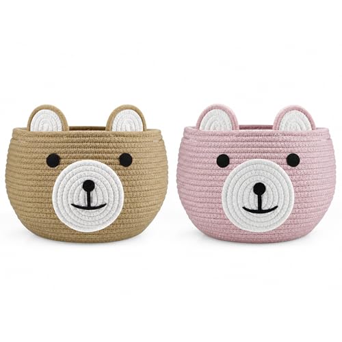 PandaEar 2 Pack Cotton Rope Baby Basket, Baby Gift Basket Nursery Laundry Organizer with Cute Bear Design for Storage Infant Newborn Essentials, Diaper Caddy with Handle - color: Brown& Pink