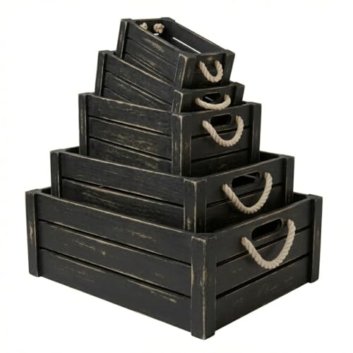 Set of 5 Black Wooden Crates with Rope Handles, Nesting Decor Storage Boxes | Rustic Farmhouse Organizer for Kitchen, Living Room, Bathroom, or Pantry. Nesting Design Keeps Shelves Tidy. - color: Black Vintage