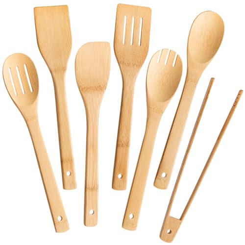 Eisinly Wooden Spoons for Cooking 7-Piece, Kitchen Nonstick Bamboo Cooking Utensils Set, Durability Wooden Spatula Spoon for Everyday Use, Smooth Edge - color: Yellow-Bamboo, style: Smooth-edge