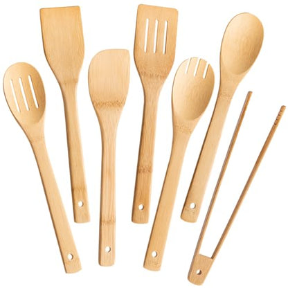 Eisinly Wooden Spoons for Cooking 7-Piece, Kitchen Nonstick Bamboo Cooking Utensils Set, Durability Wooden Spatula Spoon for Everyday Use, Smooth Edge - color: Yellow-Bamboo, style: Smooth-edge