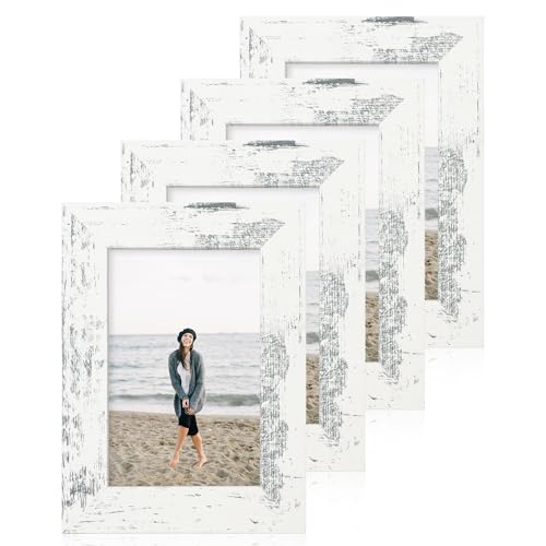 iRahmen 4x6 Picture Frame Set of 4, High Definition Glass Distressed White Frame, 4 x 6 Wood Photo Frames for Tabletop Display and Wall Mounting - color: Distressed White, size: 4X6