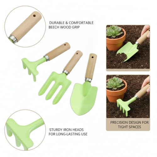 3-Piece Mini Garden Tool Set with Beech Wood Handles and Iron Heads for Indoor Plants, Succulents, and Small Pots - size: 12.6 x 4.72 x 1.57 in