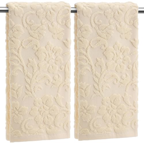SmoothNovelty 2 Pcs Beige Jacquard Hand Towels for Bathroom Floral Hand Towels 100% Cotton Absorbent Decorative Weave Bath Washcloth Bathroom Decor Gift, 13.7 x 29.5 Inch - color: Beige, style: Floral
