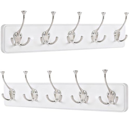 IBosins 2 Pack White Coat Rack Wall Mount, 17" Long with 5 Tri-Hooks | Wall Mounted Heavy Duty Metal Coat Hook Rail for Entryway, Closet, Bathroom, Coat, Jacket, Scarf, Towel, Hat - color: White Wood Plate & Silvery Tri-Hook, size: 2 Item-5 Hooks
