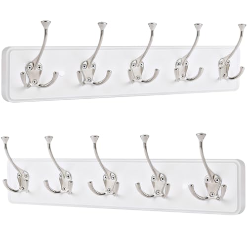 IBosins 2 Pack White Coat Rack Wall Mount, 17" Long with 5 Tri-Hooks | Wall Mounted Heavy Duty Metal Coat Hook Rail for Entryway, Closet, Bathroom, Coat, Jacket, Scarf, Towel, Hat - color: White Wood Plate & Silvery Tri-Hook, size: 2 Item-5 Hooks