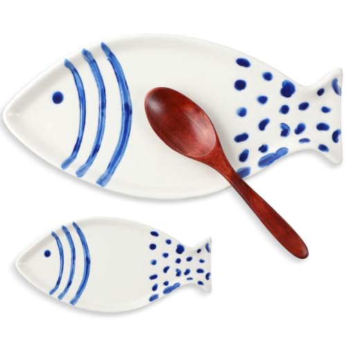 Ceramic Fish Spoon Rest for Kitchen Coastal Ocean Decoration | Spoon Holder for Stove Counter, Blue White, Cutlery Rest, Ocean Lovers, Housewarming Gifts, 7.87 x 3.94 Inches - style: Fish