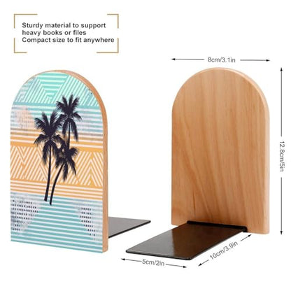 Palm Tree Geometric Pattern Bookends Wooden Bookend with Metal Base Non-Slip Book Stopper Heavy Duty Wood Book End Modern Bookends for Shelves for Bookshelf Office Supplies 1 Pair