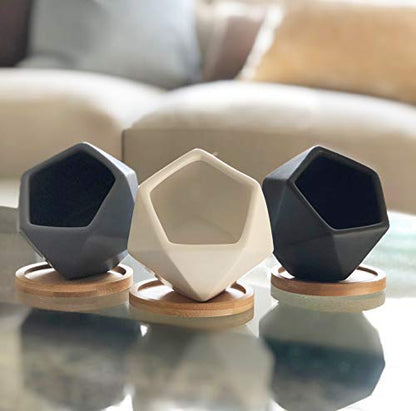 Modern Geometric Ceramic Succulent Pots 3" Planters with Drainage | Bamboo Tray | 3 Pack - color: White Black Grey Geometric 3"