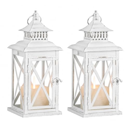 Lantern Decorative Indoor & Outdoor, 2 PCS 14.8''H Large Square Hanging Spring Home Decor, Vintage Metal Decorative Candle Lanterns for Outdoor Patio Wedding Party (White with Black Brush) - color: White / 14.8'' / 2 Pc