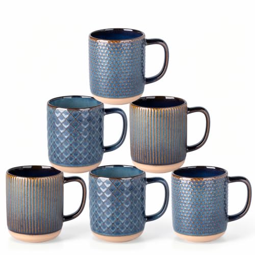 GBhome Coffee Mugs Set of 6, 16 oz Blue Coffee Cups with Large Handle | 3 Assorted Designs, Embossed Ceramic Coffee Mugs for Coffee/Tea/Cappuccino, Dishwasher&Microwave Safe, Deep Sea - color: Deep Sea, size: 16 Ounces