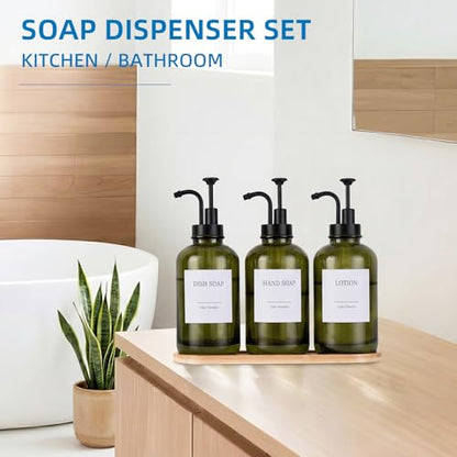 Glass Soap Dispenser with Pump, Dish and Hand Soap Dispenser for Kitchen Bathroom, Glass Dispenser Set with 18 Stickers Funnel Bamboo Tray 500ml 18oz Green - color: Olive Green 3