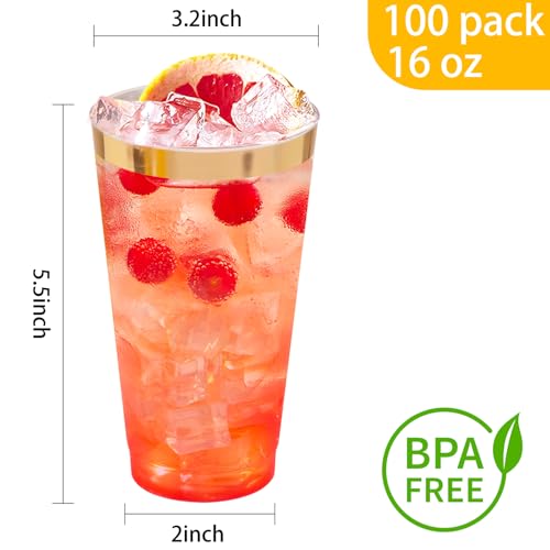 I00000 16 oz Gold Plastic Cups, 100 Pack Clear Plastic Cups with Gold Trim | Tumblers Gold Rimmed Disposable Cup, Heavy-duty, BPA-Free, Everyday Use, Disposable Cup Perfect for Birthday, Wedding & Party - color: 16-Gold-100