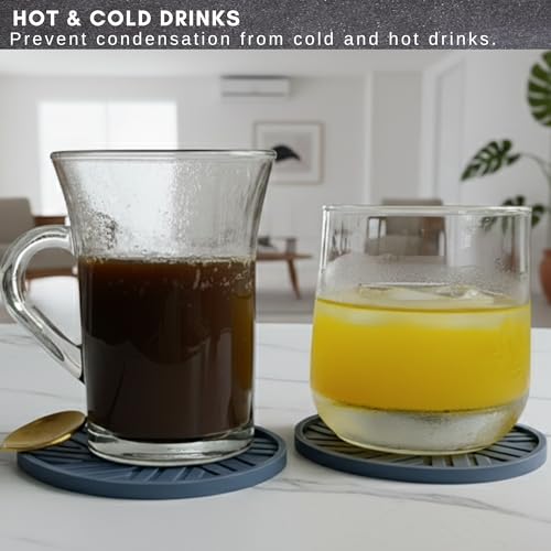 Silicone Coasters Set of 6 & Gold Holder with smart Modern Groove Patterns - Blue Gray - color: Dusty Blue