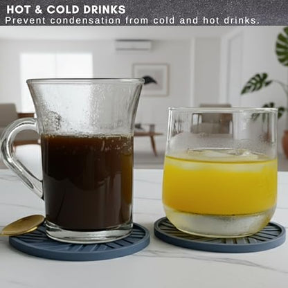 Silicone Coasters Set of 6 & Gold Holder with smart Modern Groove Patterns - Blue Gray - color: Dusty Blue