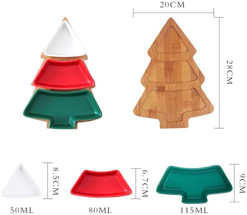 Colorful Christmas Tree Plate Chip & Dip Set, 12'' Ceramic Snack Plate with Bamboo Tray, Removable Porcelain Christmas Tree Appetizer Dessert Fruit Salad Saucers Bowl Cutlery Platter Serving Dish