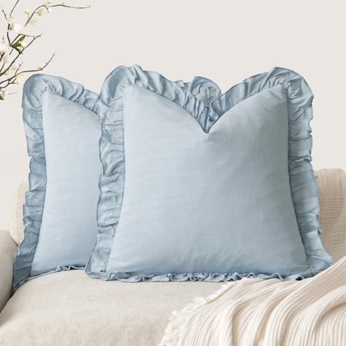 Foindtower Set of 2 Decorative Linen Fringe Ruffle Throw Pillow Covers Soft Boho Farmhouse Cushion Cover Cozy Accent Retro Pillowcase for Couch Sofa Bed Living Room Home Decor,18×18 Inch,Sky Blue - color: Sky Blue, size: 18" x 18" (Pack of 2)