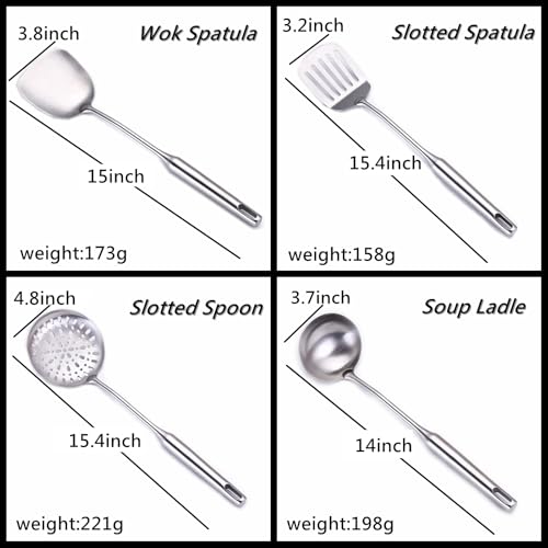 304 Stainless Steel Cooking Utensil Set 4-Piece Kitchen Utensils with Extra-Long Handles, Spatula,Ladle,Slotted Spoon,Slotted Spatula,One-Piece Construction, Ideal for Wok, Grilling, and Gifting - size: 4 Piece utensils(ladle and spatula set)